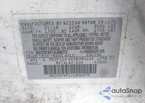 2018 Nissan Versa 1.6 S+ из США, поврежденный, VIN 3N1CN7AP1JL856272